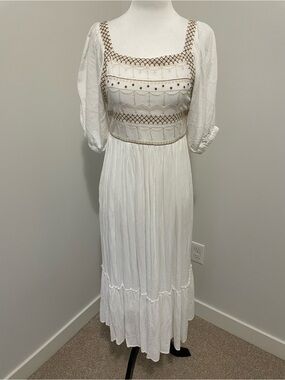 In Loom White Prairie Midi Dress with Brown Embroidery Top - Size Small - NWT